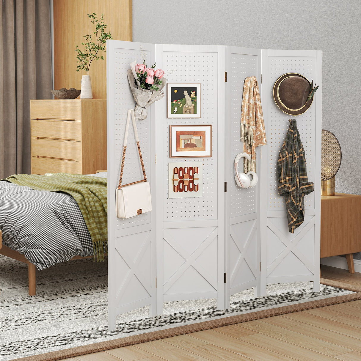 Divisor de ambientes plegable de 4 paneles con expositor de madera maciza para estanterías perforadas - Blanco