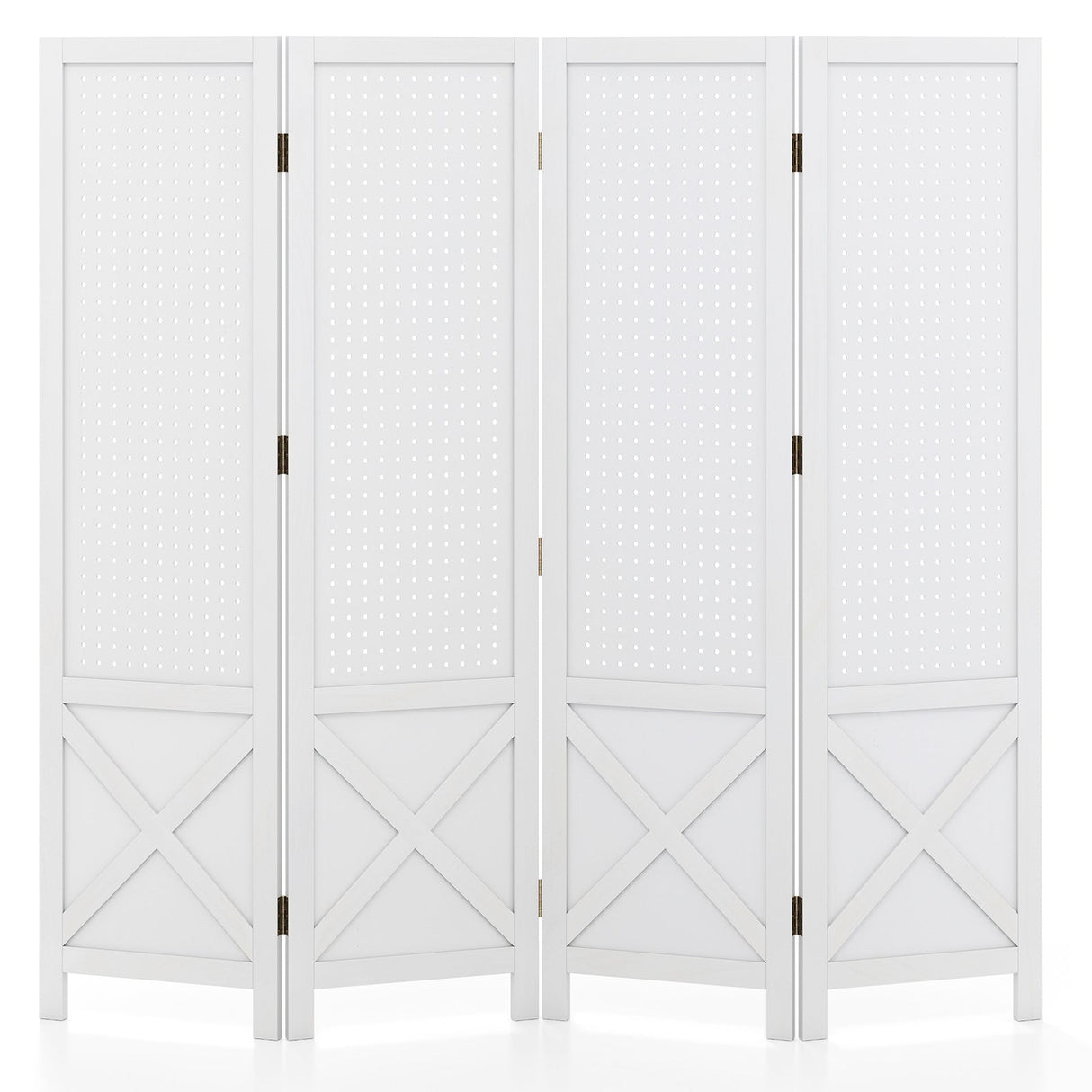 Divisor de ambientes plegable de 4 paneles con expositor de madera maciza para estanterías perforadas - Blanco