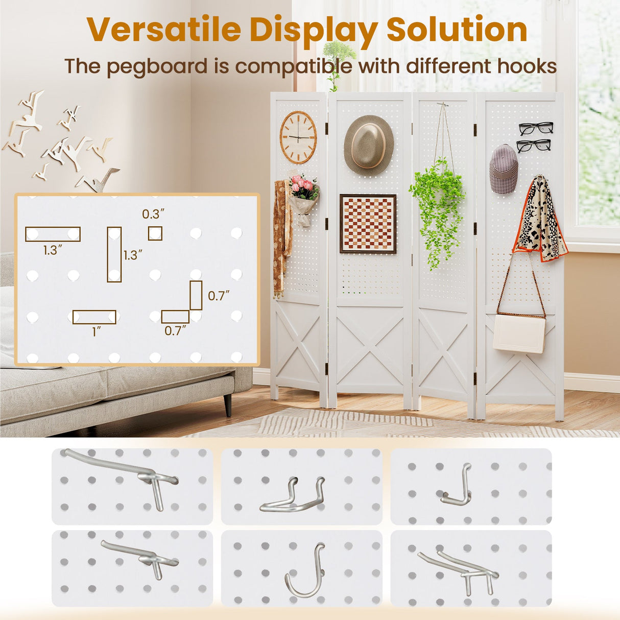 Divisor de ambientes plegable de 4 paneles con expositor de madera maciza para estanterías perforadas - Blanco