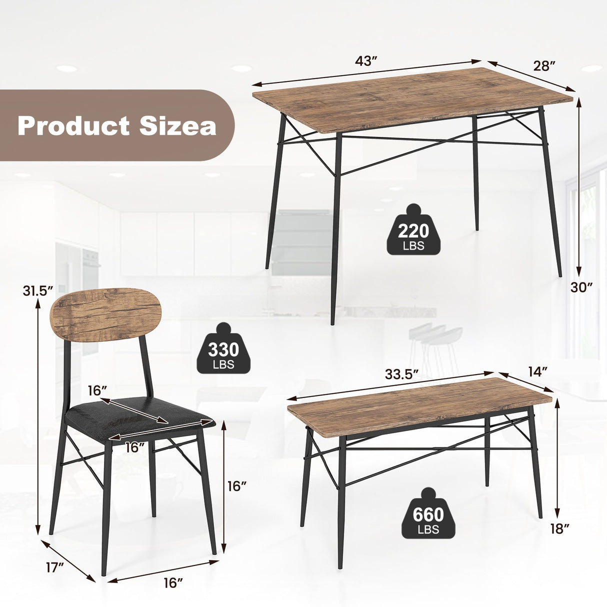 Juego de mesa de comedor de 4 piezas con banco y 2 sillas - Marrón