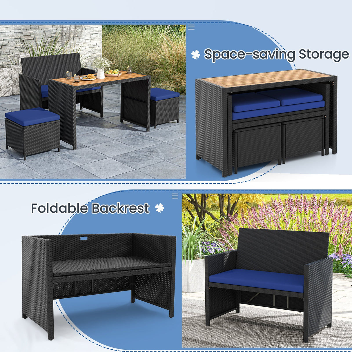 4 Piece Outdoor Dining Set with Wood Topped Dining Table Rattan Loveseat Chair and 2 Ottomans-Navy