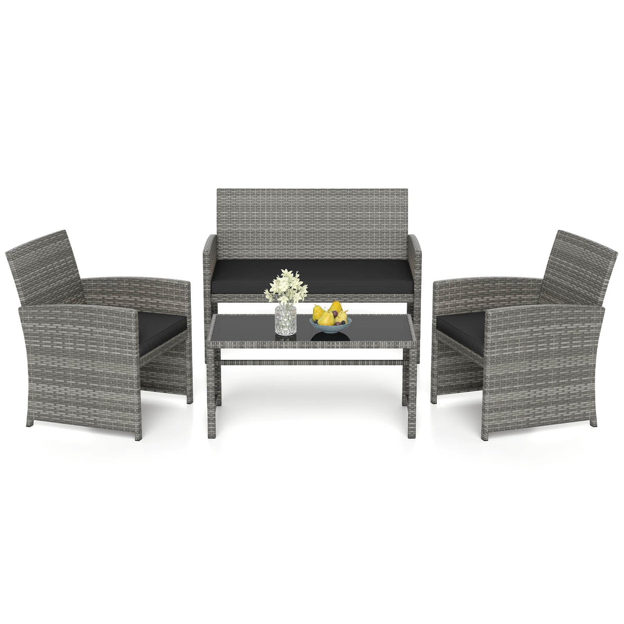 Juego de conversación de patio de 4 piezas con silla, sofá de dos plazas y mesa de ratán