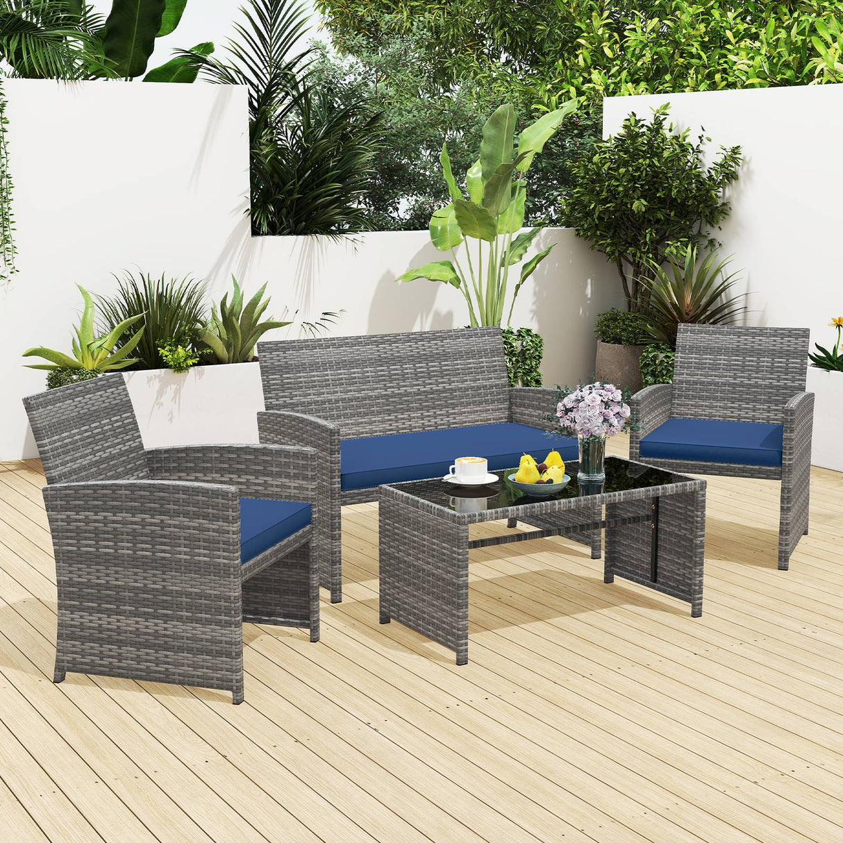 Juego de conversación de patio de 4 piezas con silla, sofá de dos plazas y mesa de ratán