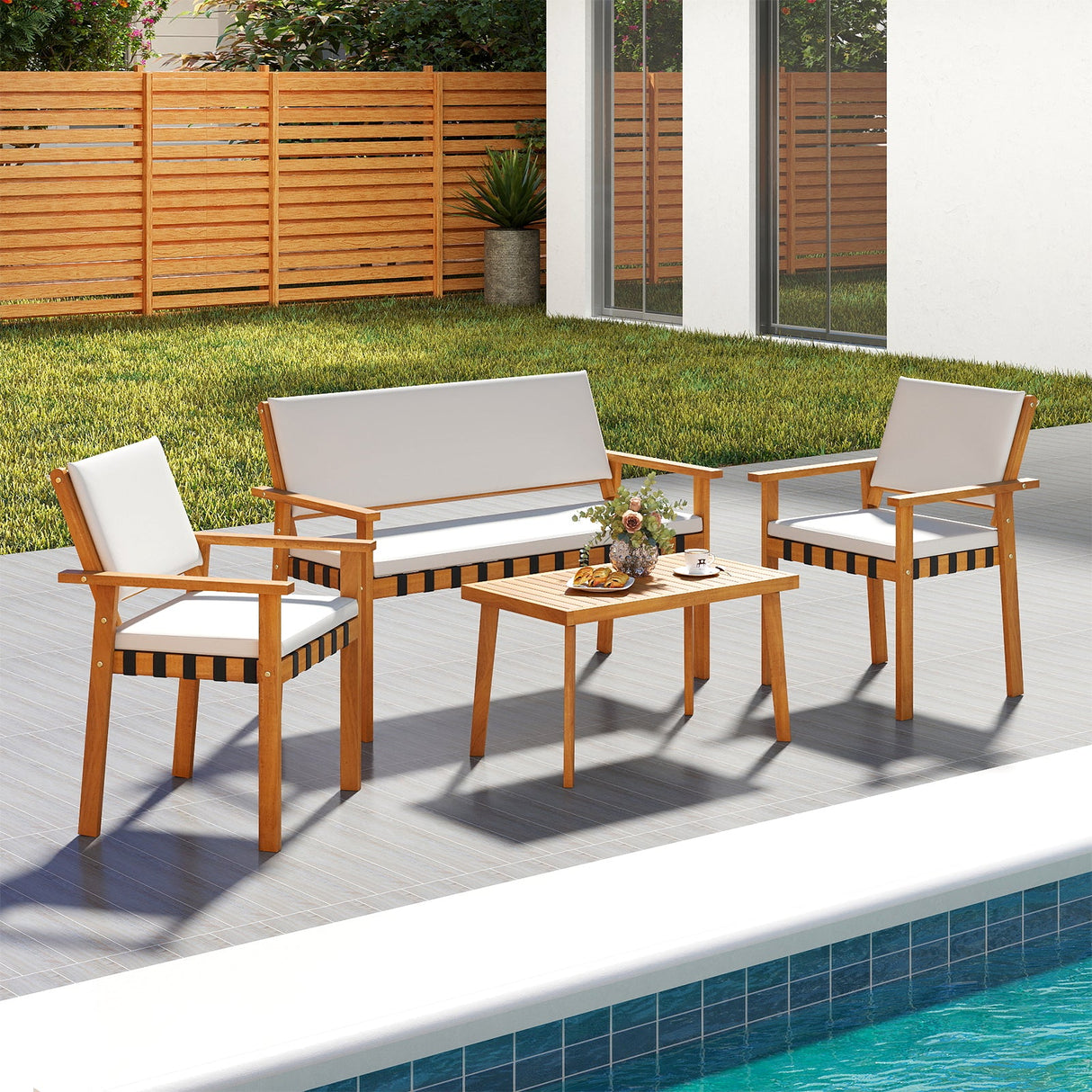 Juego de muebles de patio de 4 piezas con mesa de centro para patio trasero y jardín - Blanco