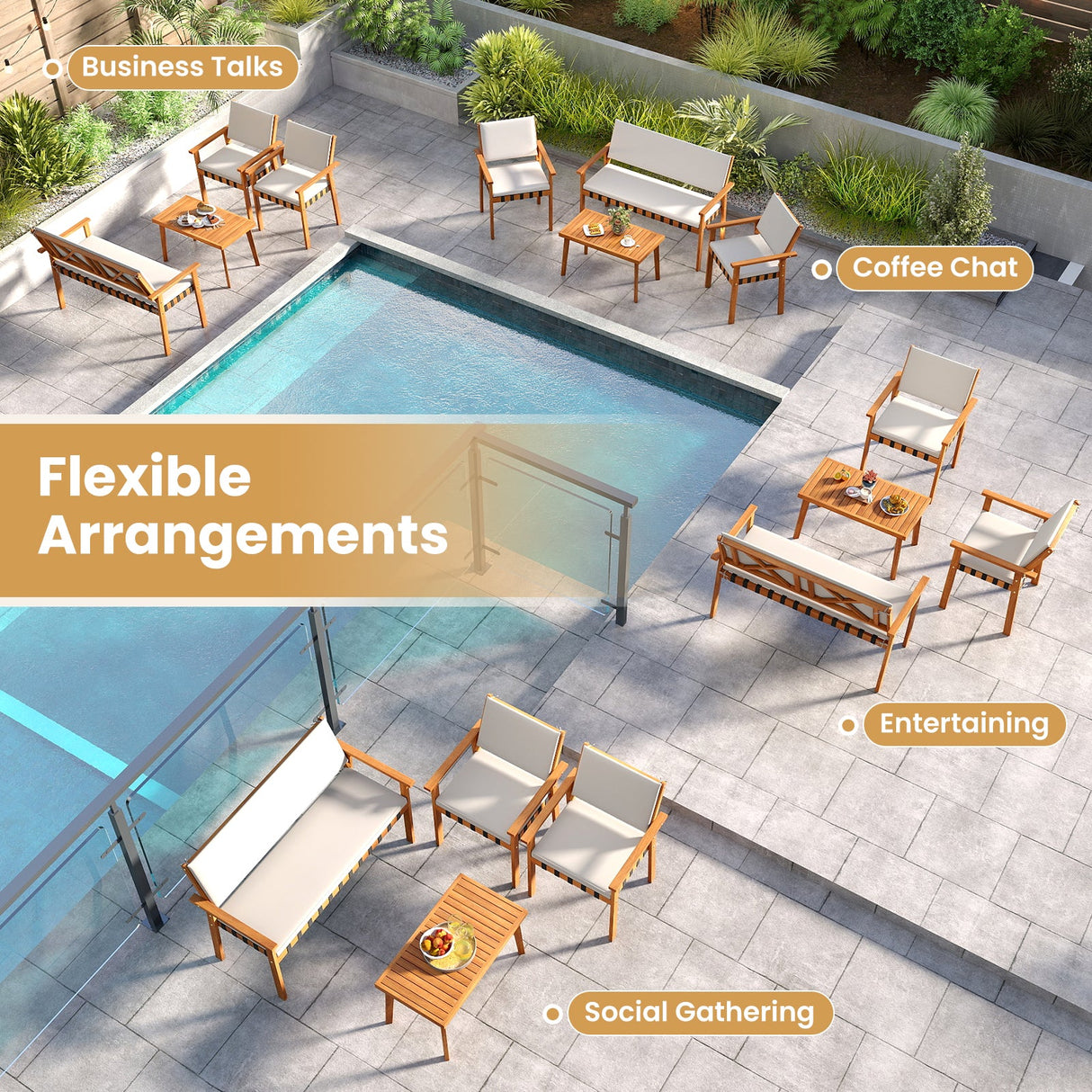 Juego de muebles de patio de 4 piezas con mesa de centro para patio trasero y jardín - Blanco