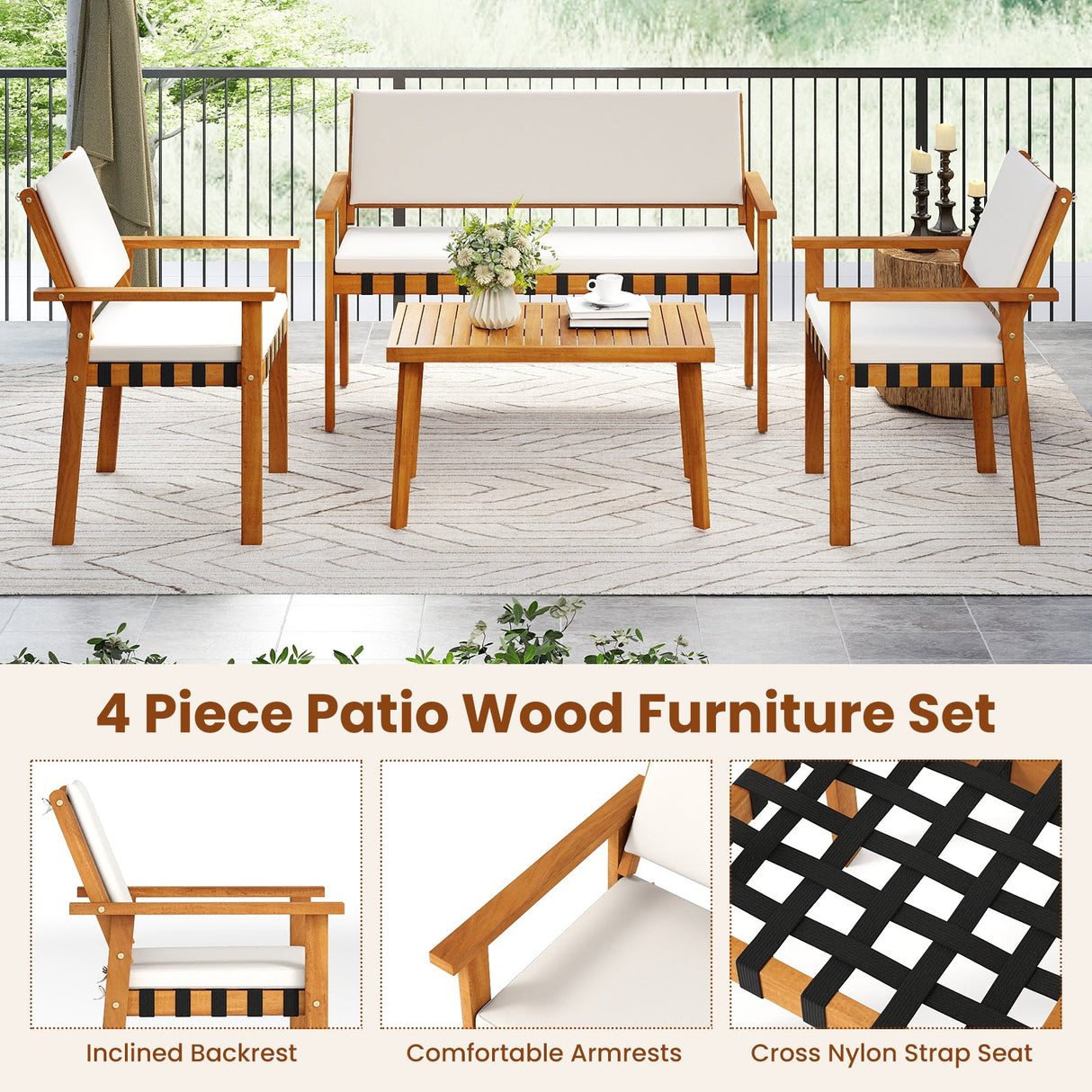Juego de muebles de patio de 4 piezas con mesa de centro para patio trasero y jardín - Blanco