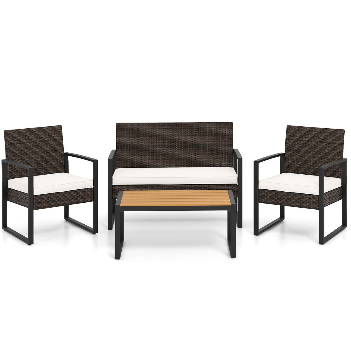 Juego de muebles de patio de 4 piezas, juego de conversación de ratán para exteriores con sillas acolchadas y mesa de centro de madera plástica, blanco roto