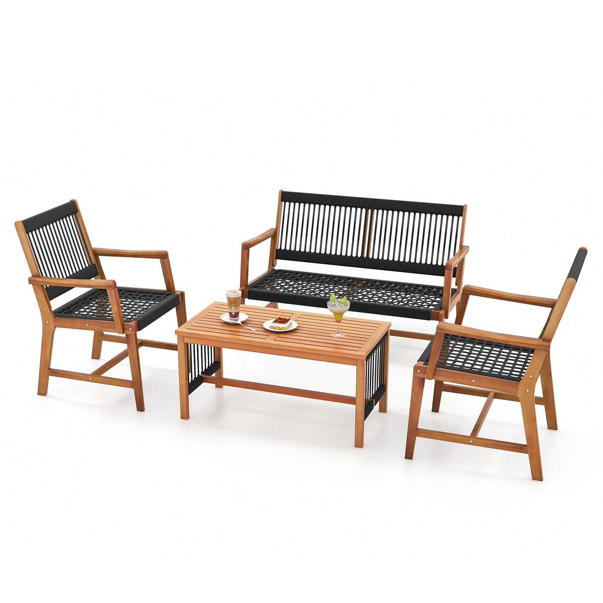 Juego de 4 piezas de mesa y sillas de conversación para patio de madera de acacia con cuerda tejida a mano