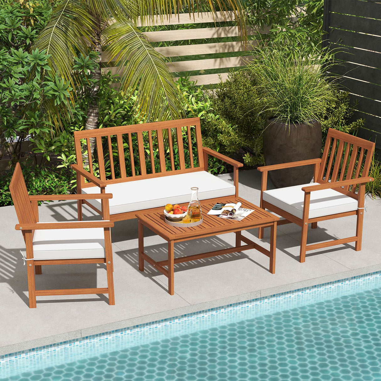 Juego de 4 muebles de madera de acacia con cojines de asiento y robusto armazón de madera, color blanco