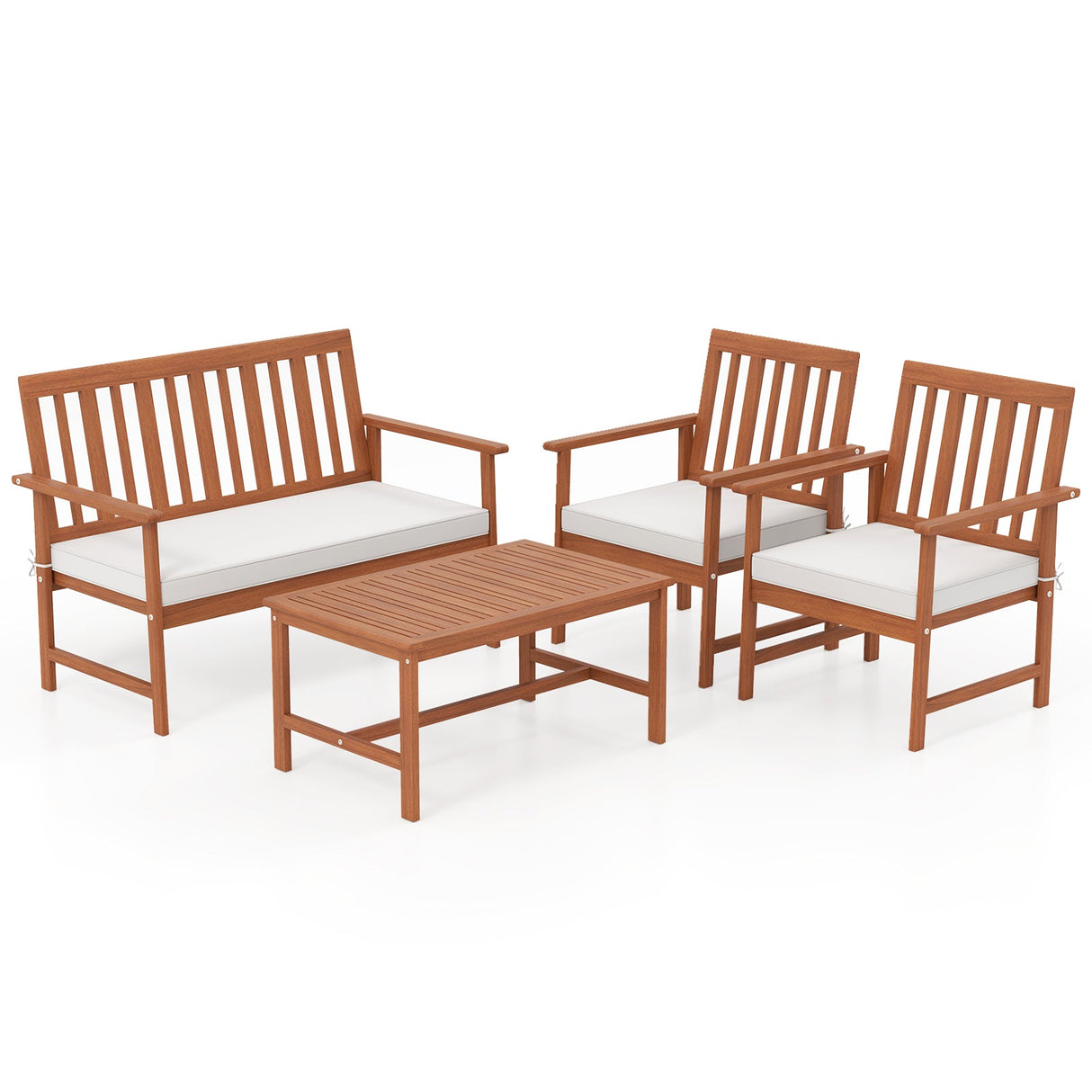 Juego de 4 muebles de madera de acacia con cojines de asiento y robusto armazón de madera, color blanco