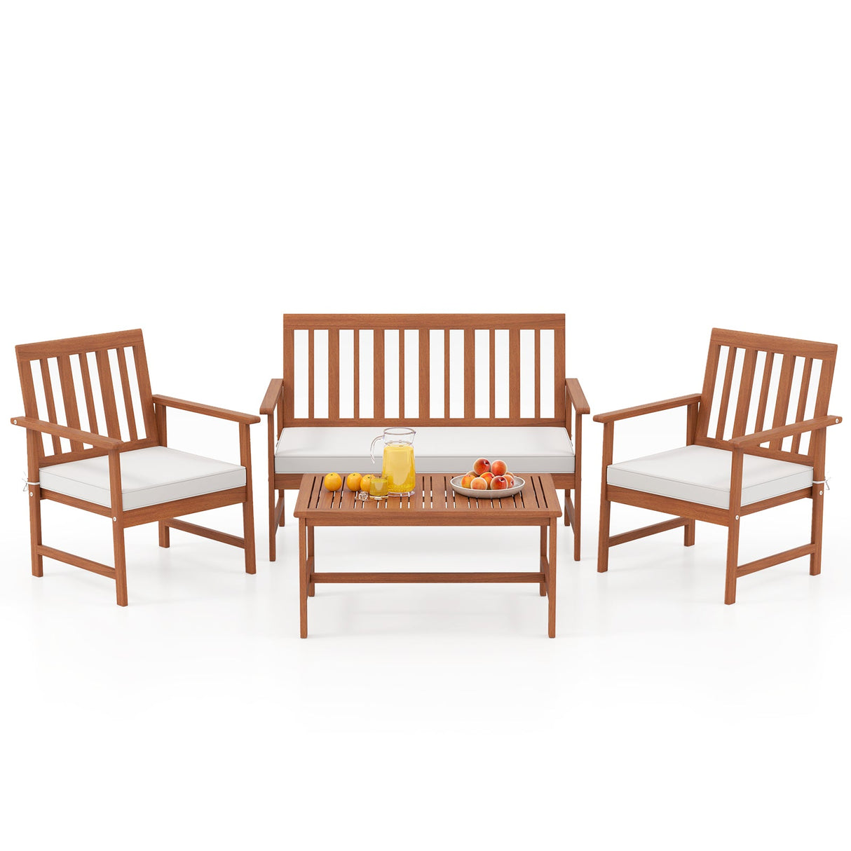 Juego de 4 muebles de madera de acacia con cojines de asiento y robusto armazón de madera, color blanco