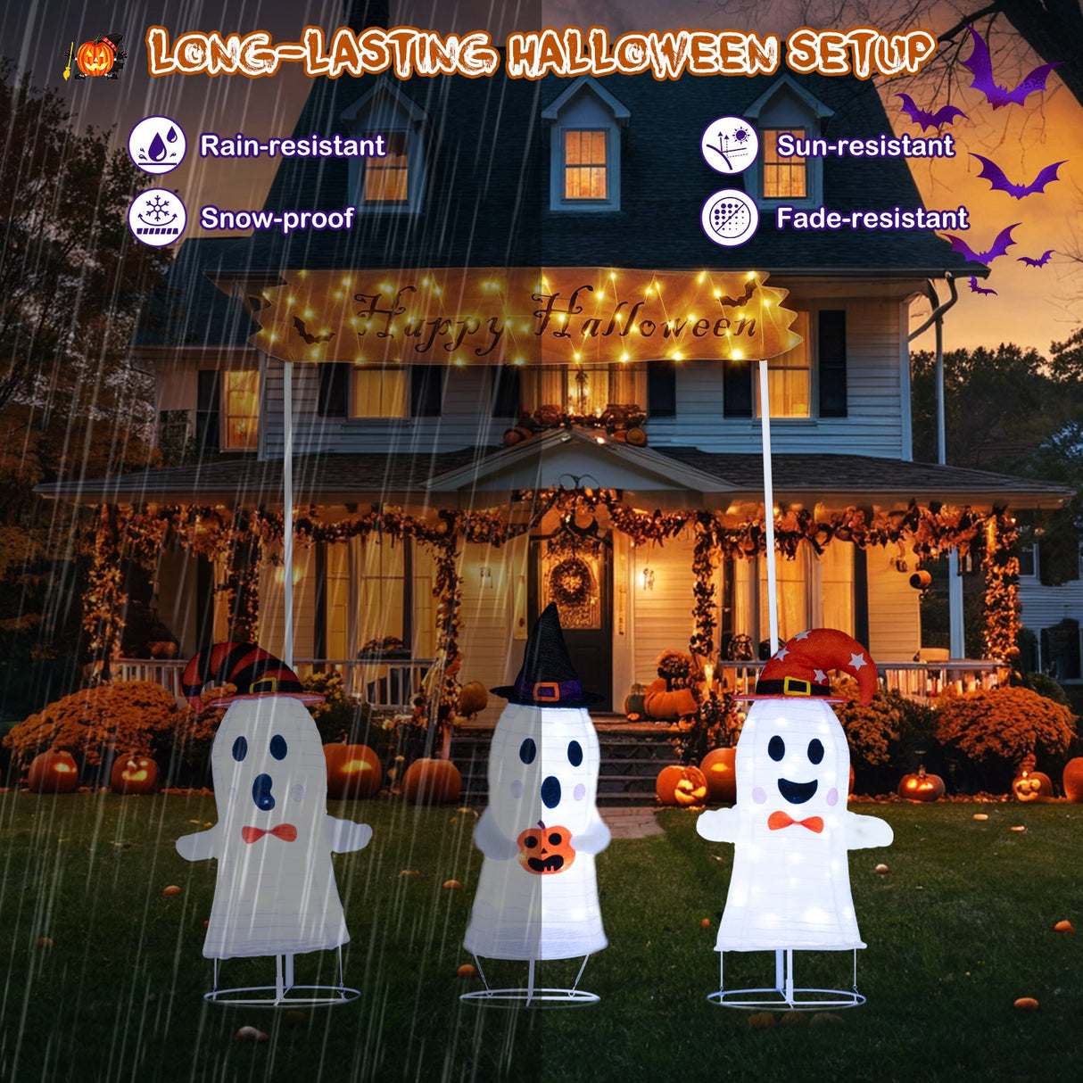 4 Piezas de Decoración de Halloween Fantasmas con Portón y Luces LED que Aparecen