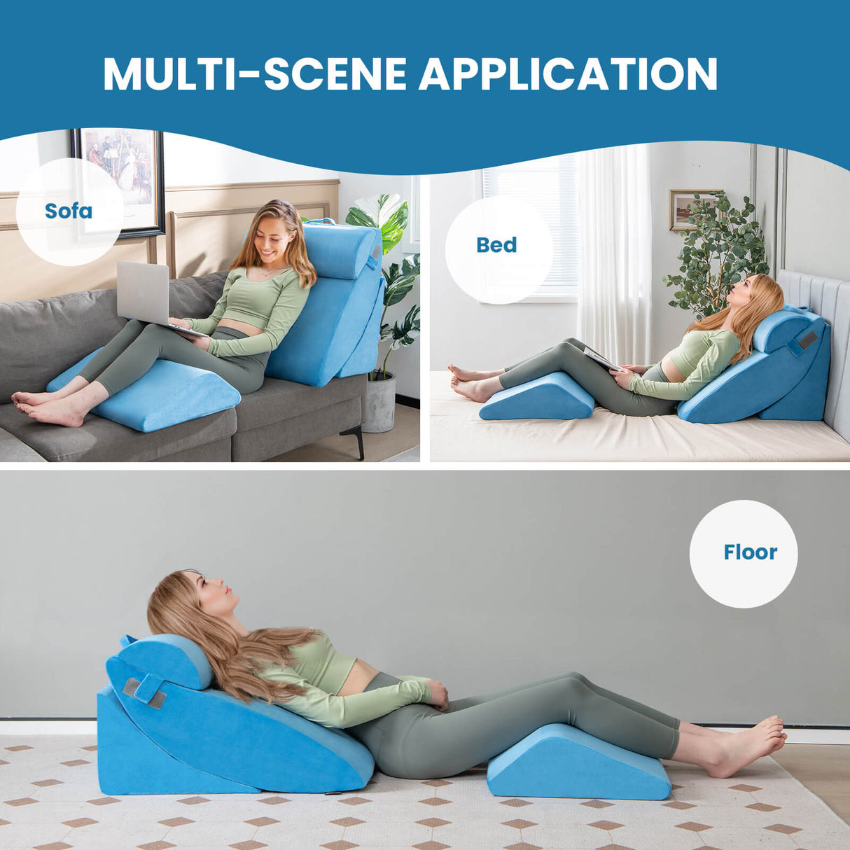 Juego de 4 almohadas ortopédicas en cuña para cama para aliviar el dolor, color azul