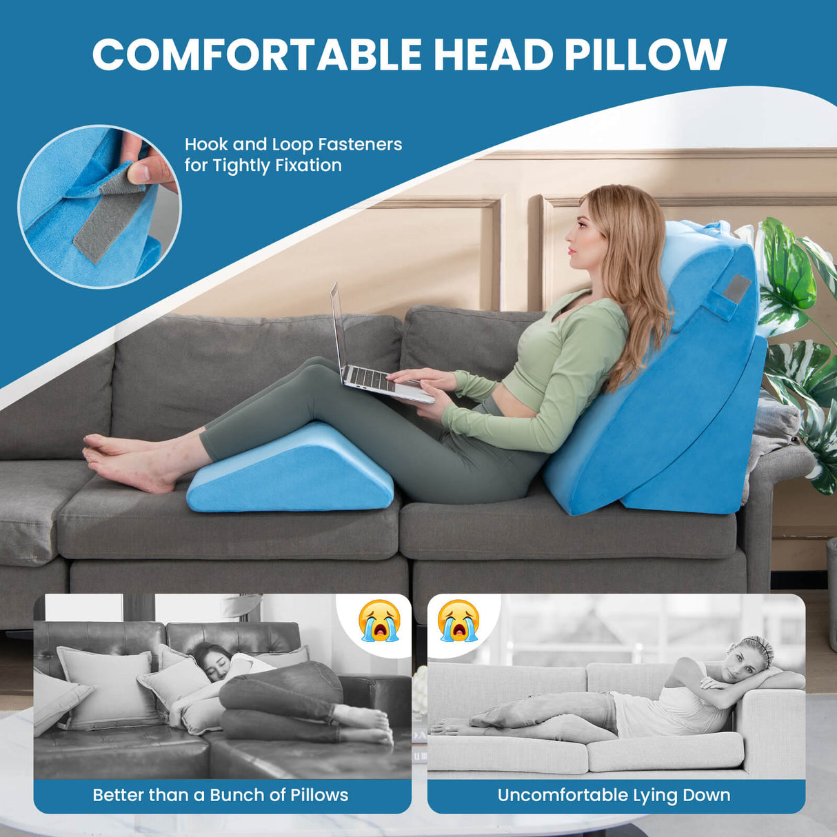 Juego de 4 almohadas ortopédicas en cuña para cama para aliviar el dolor, color azul