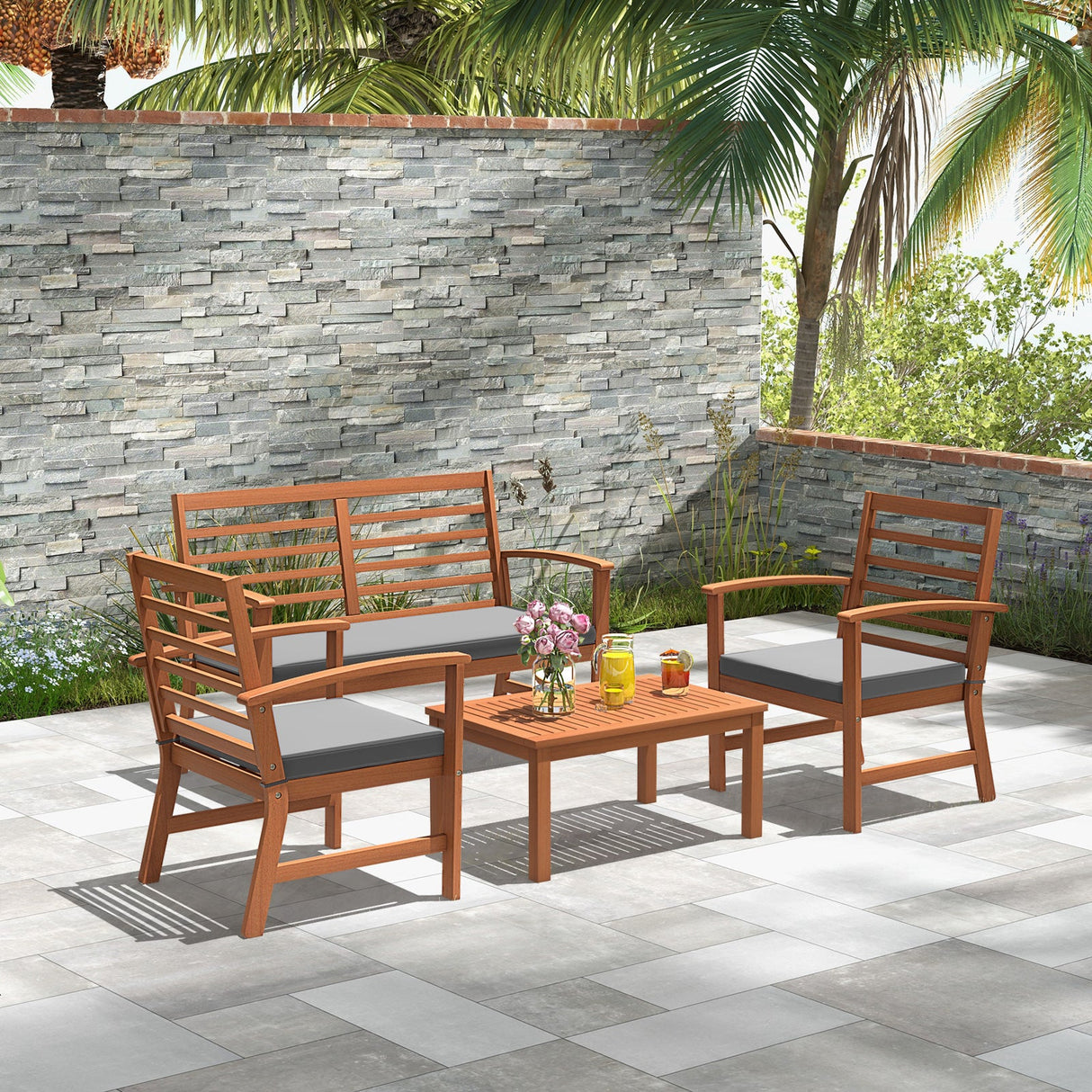 Juego de muebles de exterior de 4 piezas con estructura estable de madera de acacia