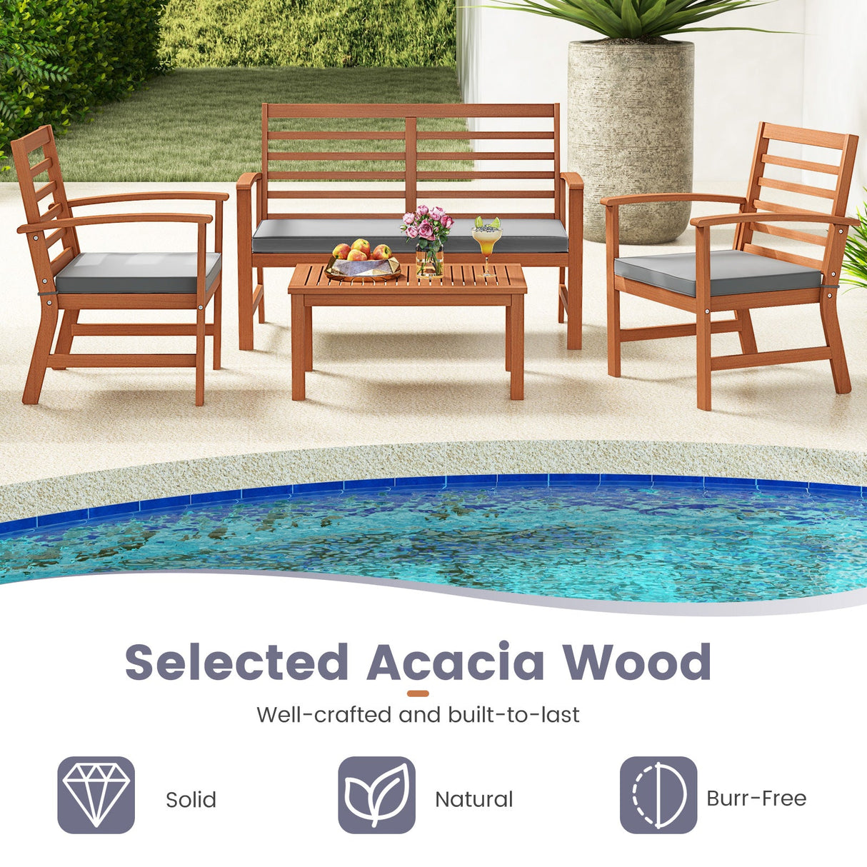Juego de muebles de exterior de 4 piezas con estructura estable de madera de acacia