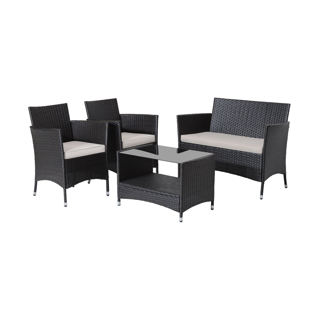 Juego de patio de 4 piezas con cojines suaves y mesa con superficie de vidrio templado