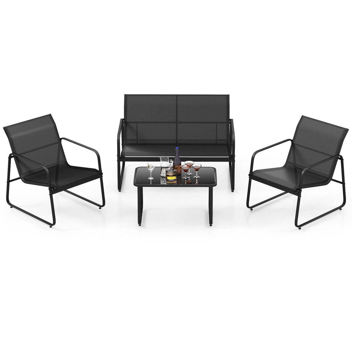 Juego de conversación para exteriores de 4 piezas con mesa de centro de vidrio templado - Negro