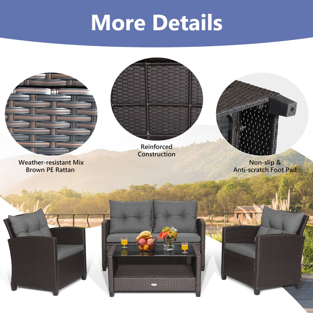 4 Pieces Patio Rattan Conversation Furniture Set with Glass Top Coffee Table-Gray