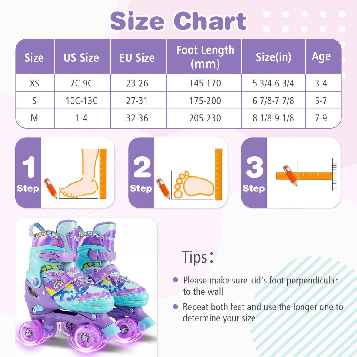 Patines Ajustables para Niños de 4 Tallas con Ruedas Luminosas y Protección de Seguridad Talla M-Morado