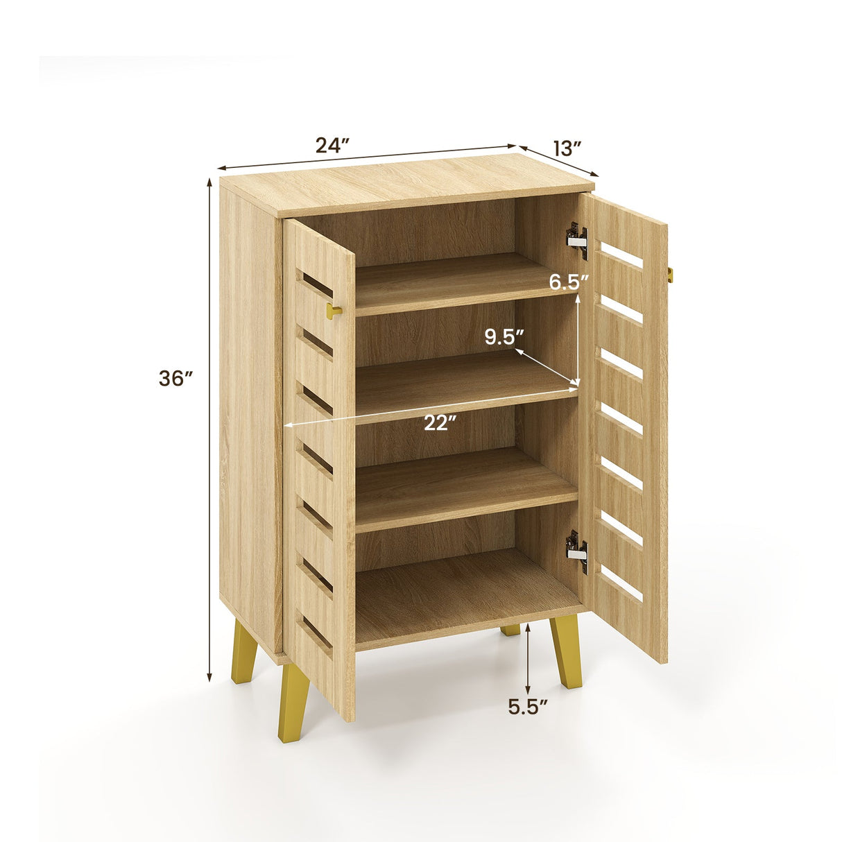 Zapatero moderno de madera de 4 niveles con puertas y estantes extraíbles - Roble