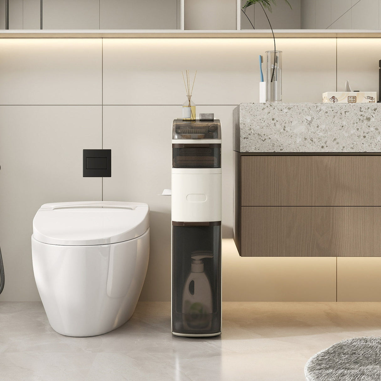 5-Tier Narrow Bathroom Storage Cabinet with Drawers and Tissue Box