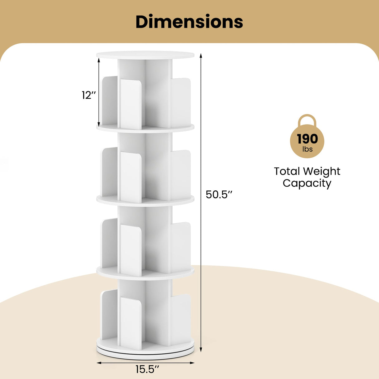 4-Tier Rotating Bookshelf 360° Display Rack with Dividers and Anti-falling Baffles
