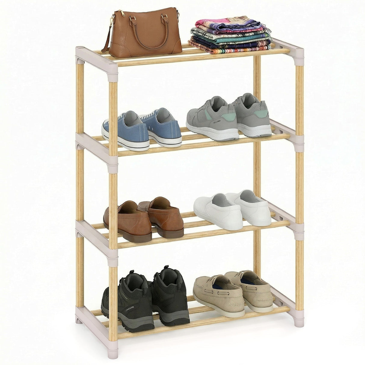 Zapatero de Madera Maciza de 4 Niveles con Estantes Abiertos con Lamas-Gris