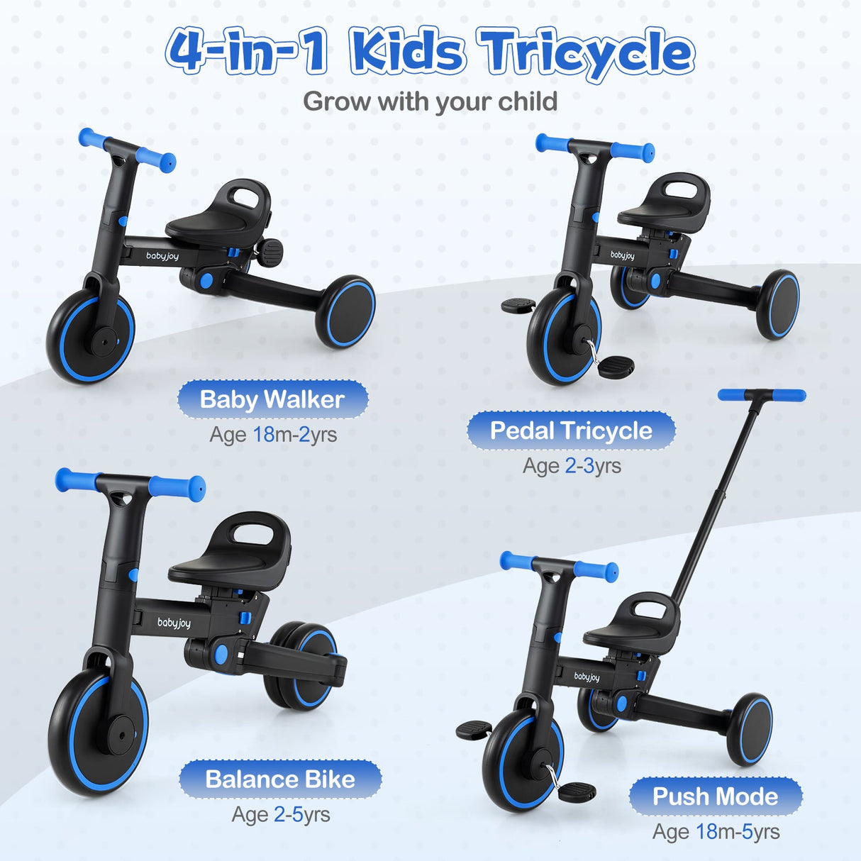 Triciclo plegable 4 en 1 para niños pequeños con manija de empuje y asiento ajustable