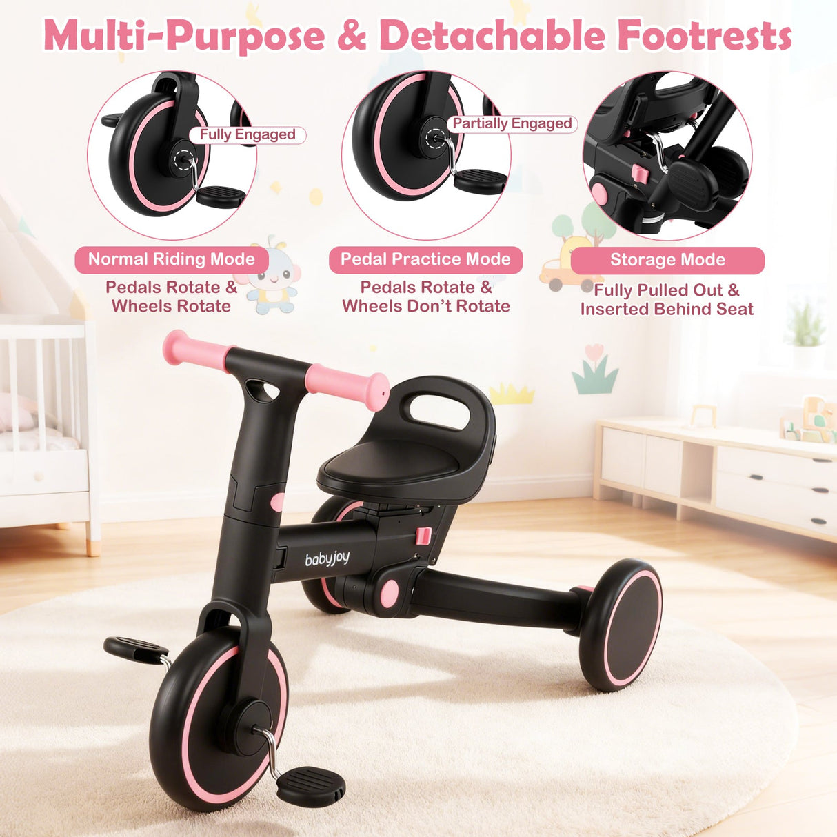 Triciclo plegable 4 en 1 para niños pequeños con manija de empuje y asiento ajustable