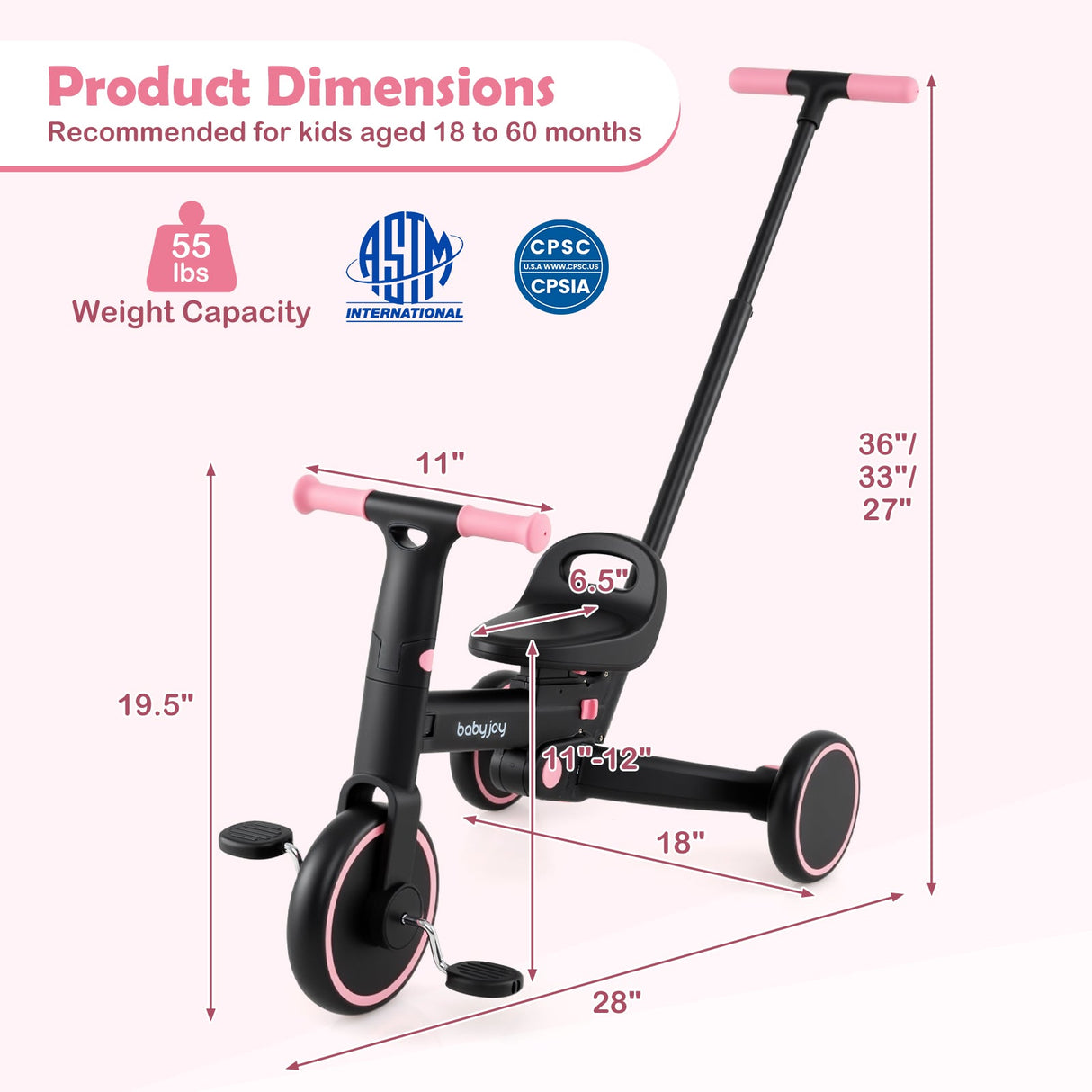 Triciclo plegable 4 en 1 para niños pequeños con manija de empuje y asiento ajustable