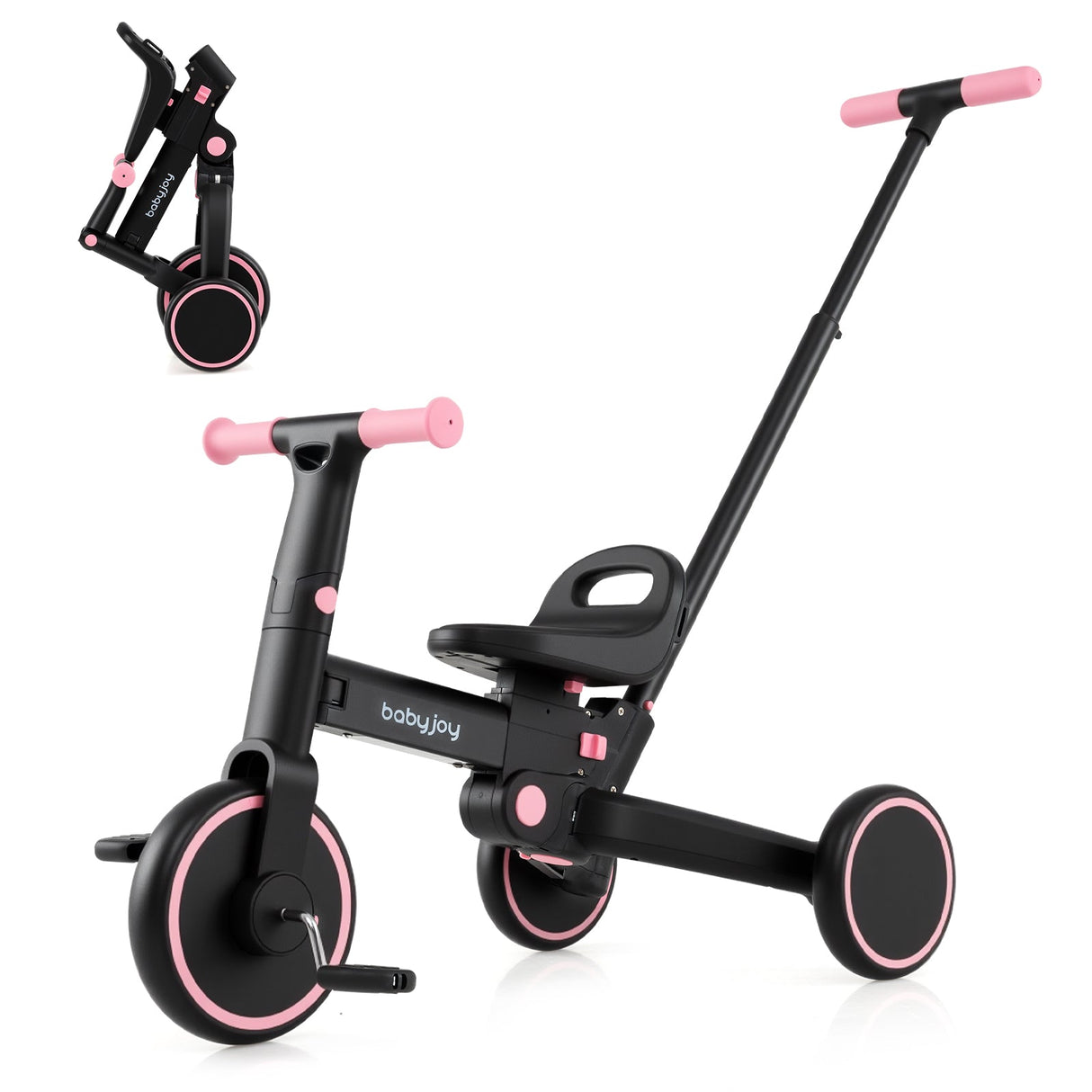 Triciclo plegable 4 en 1 para niños pequeños con manija de empuje y asiento ajustable
