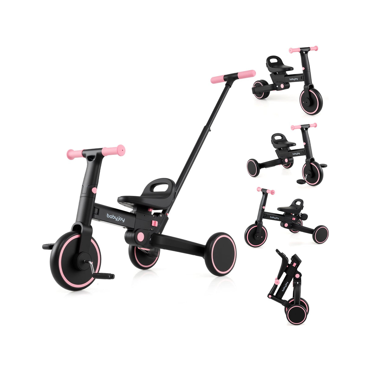 Triciclo plegable 4 en 1 para niños pequeños con manija de empuje y asiento ajustable