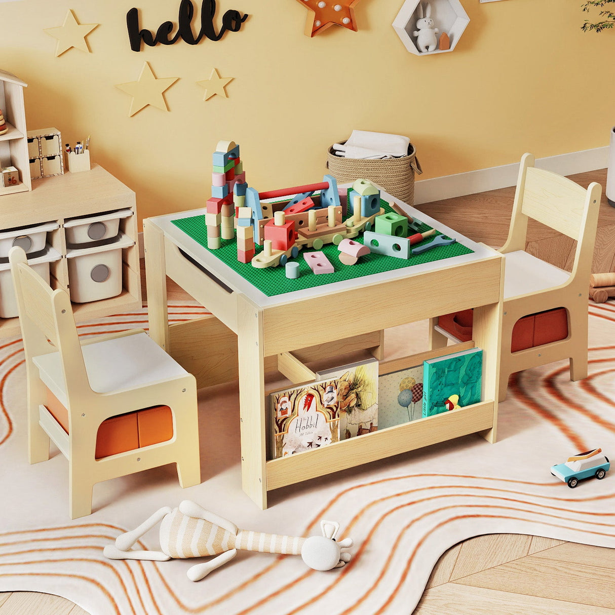 Mesa y Sillas para Niños 4 en 1 con Tablero Reversible para Garabatos y Bloques de Construcción