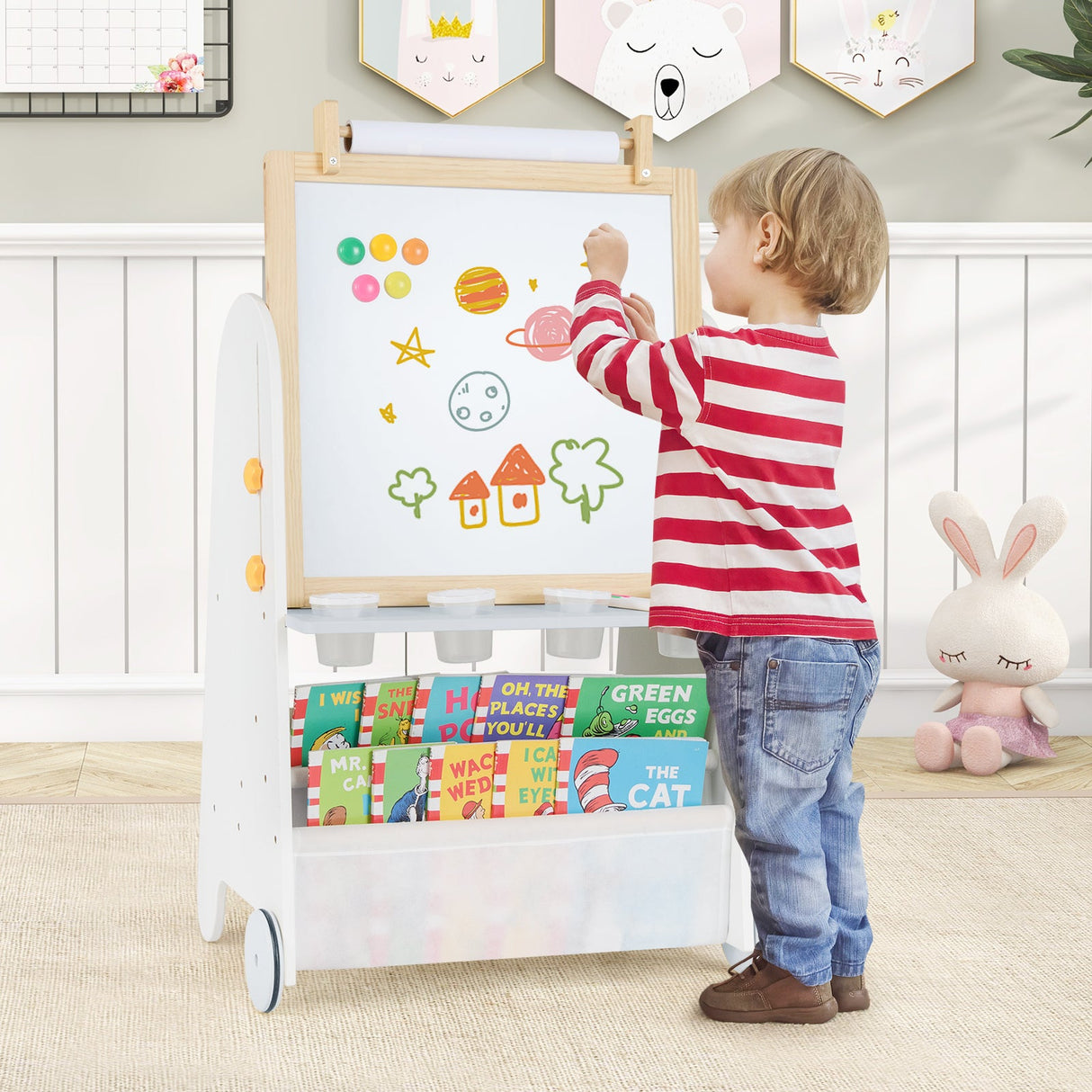 Juego de mesa de actividades 4 en 1 para niños pequeños con pizarra magnética y pizarra de tiza
