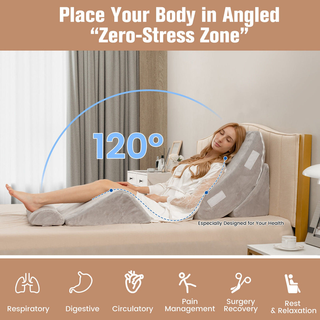 Cuña de cama de 4 piezas para alivio del dolor de espalda, cuello y piernas - Gris