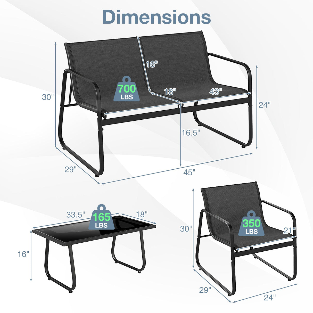 4 Pieces Patio Furniture Set Fabric Lawn Chairs and Loveseat with Glass Coffee Table