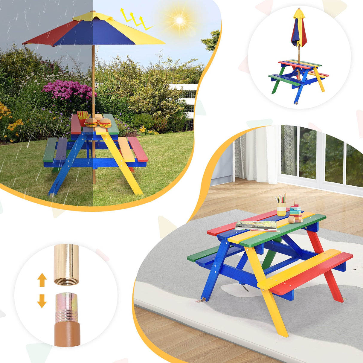 Mesa de picnic para niños de 4 asientos con sombrilla
