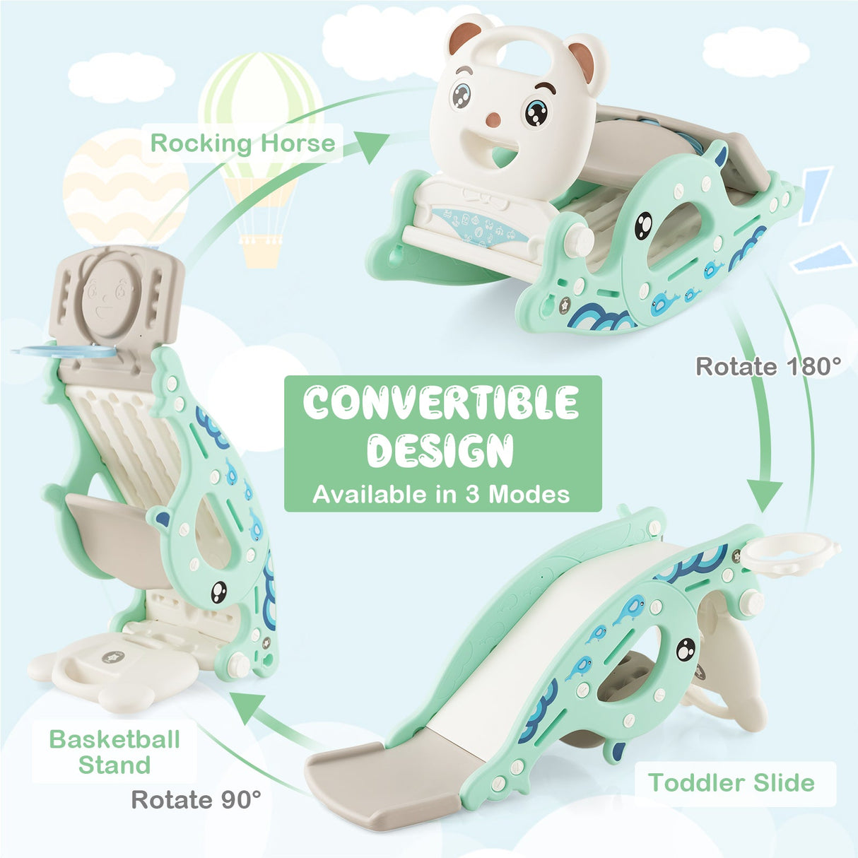4-in-1 Kids Slide Rocking Horse with Basketball and Ring Toss
