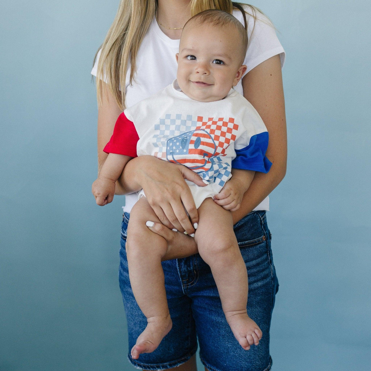 4th of July Checker Smiley T-Shirt Romper