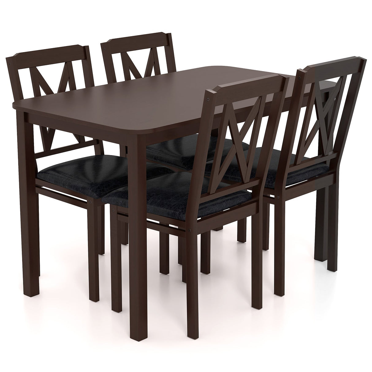 Juego de comedor de 5 piezas con mesa de superficie amplia y patas de madera de caucho - Negro