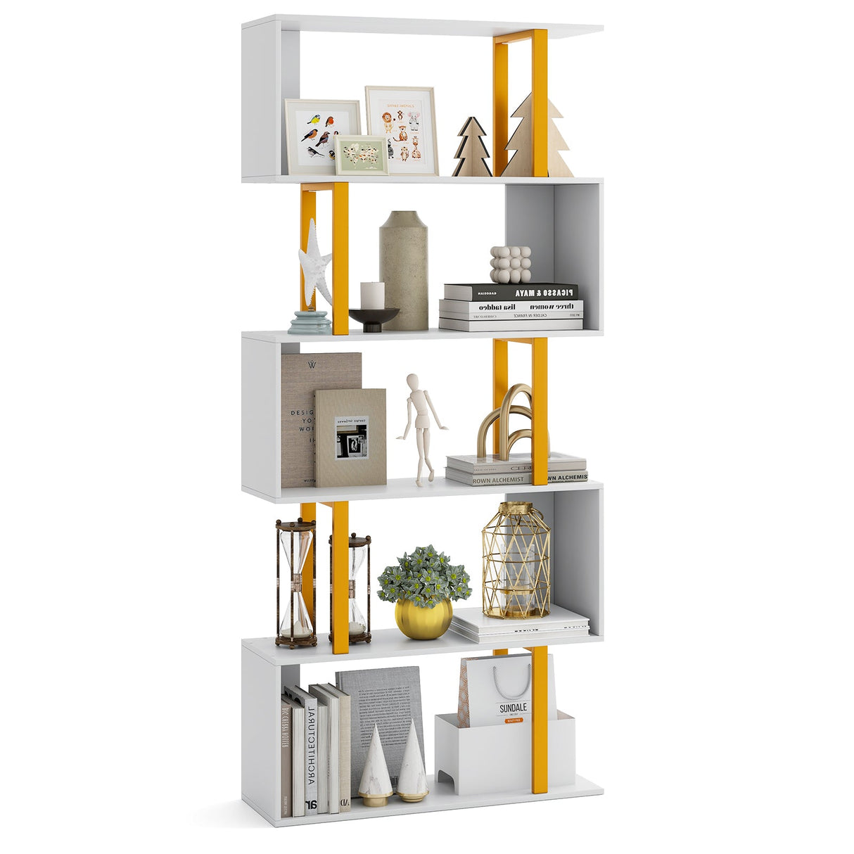 Estantería geométrica de 5 o 6 niveles con estructura de metal y kits antivuelco