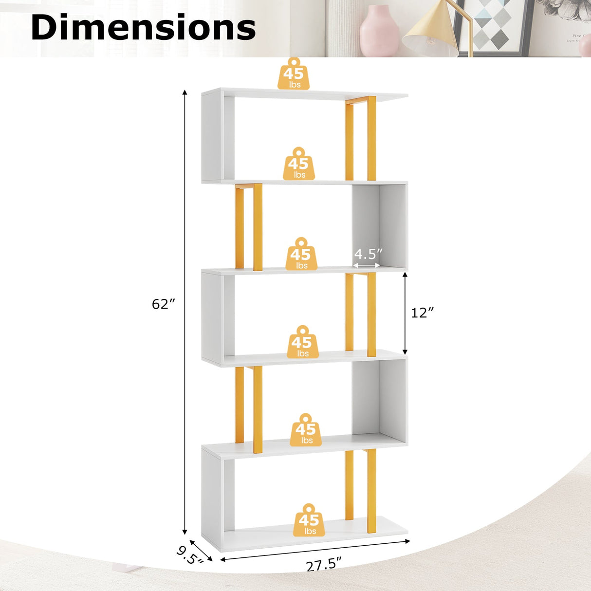 Estantería geométrica de 5 o 6 niveles con estructura de metal y kits antivuelco