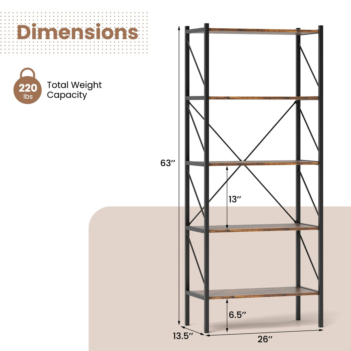5-Tier Bookshelf with Open Shelves and Heavy Duty Metal Frame