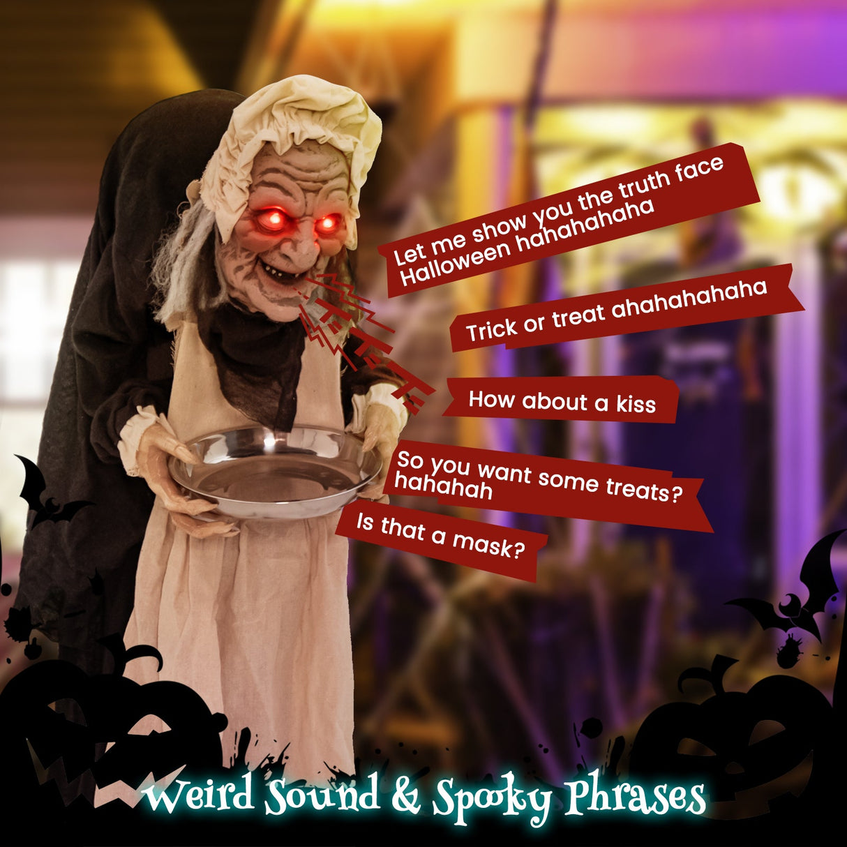Anciana animada de 5.2 pies con plato de dulces para Halloween