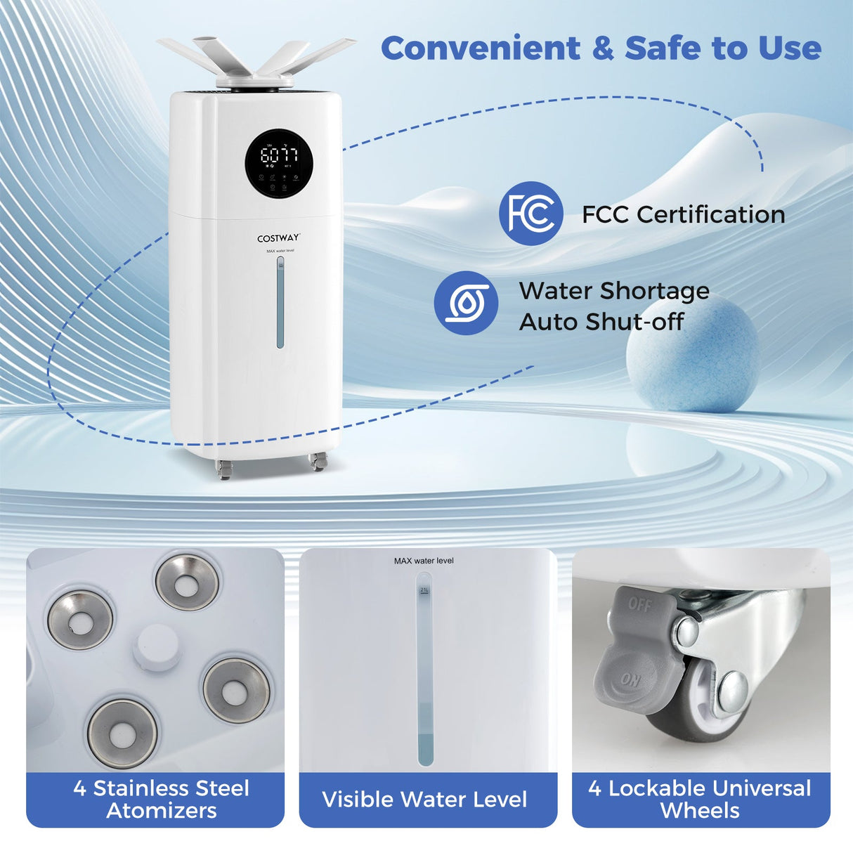 5.5Gal Humidifier with 360° Nozzles and Wheels for Large Room-White