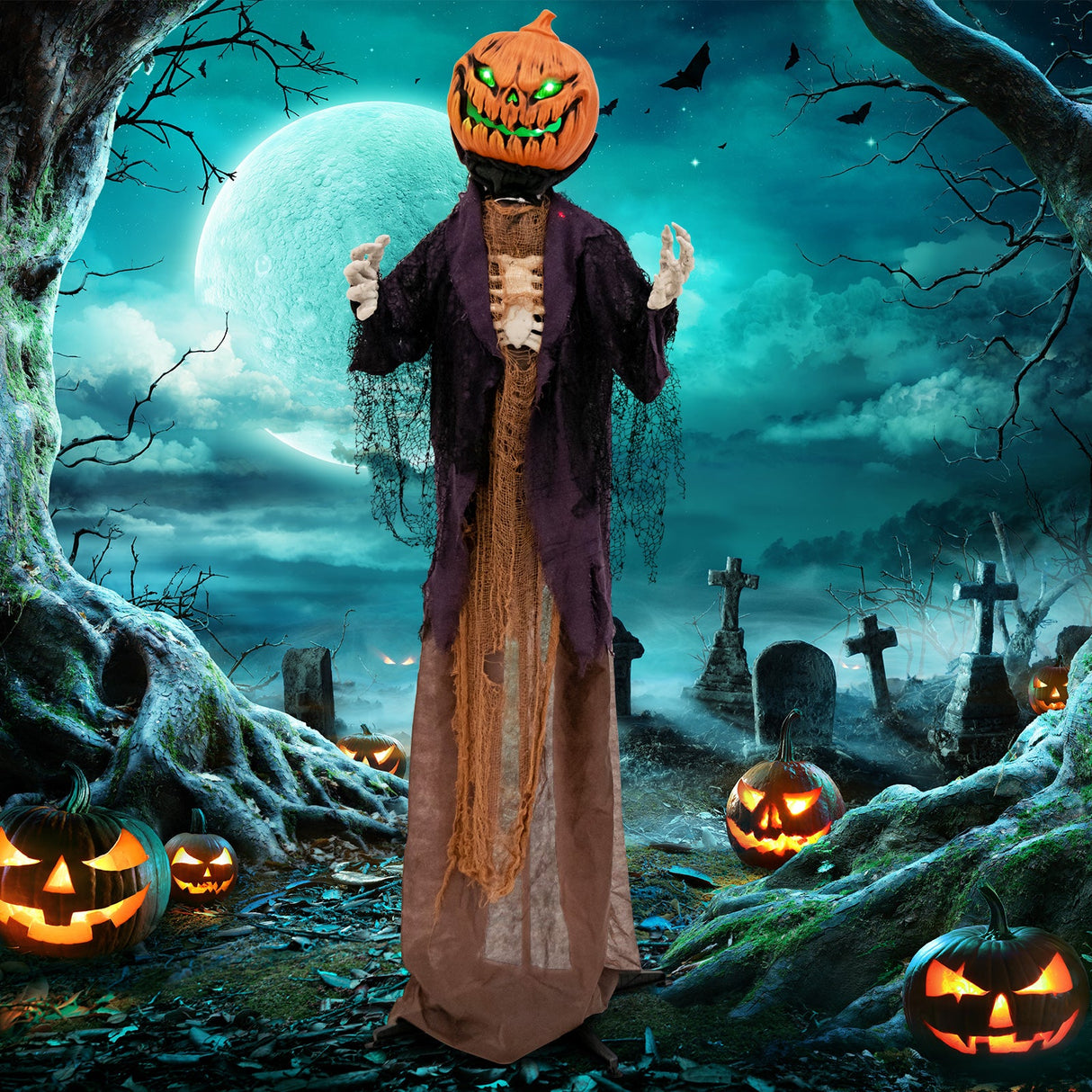 Espantapájaros de calabaza animado de Halloween de 5.6 pies