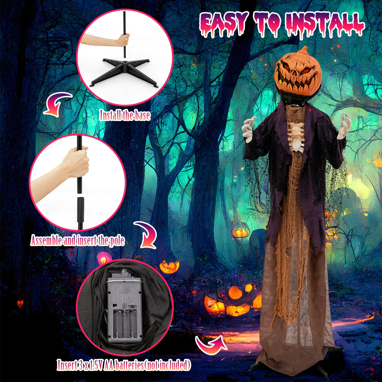 Espantapájaros de calabaza animado de Halloween de 5.6 pies