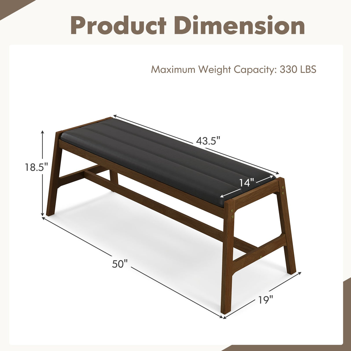 Banco de comedor de madera maciza de 50 pulgadas de largo, banco de mesa tapizado con asiento acolchado de piel sintética - Nogal