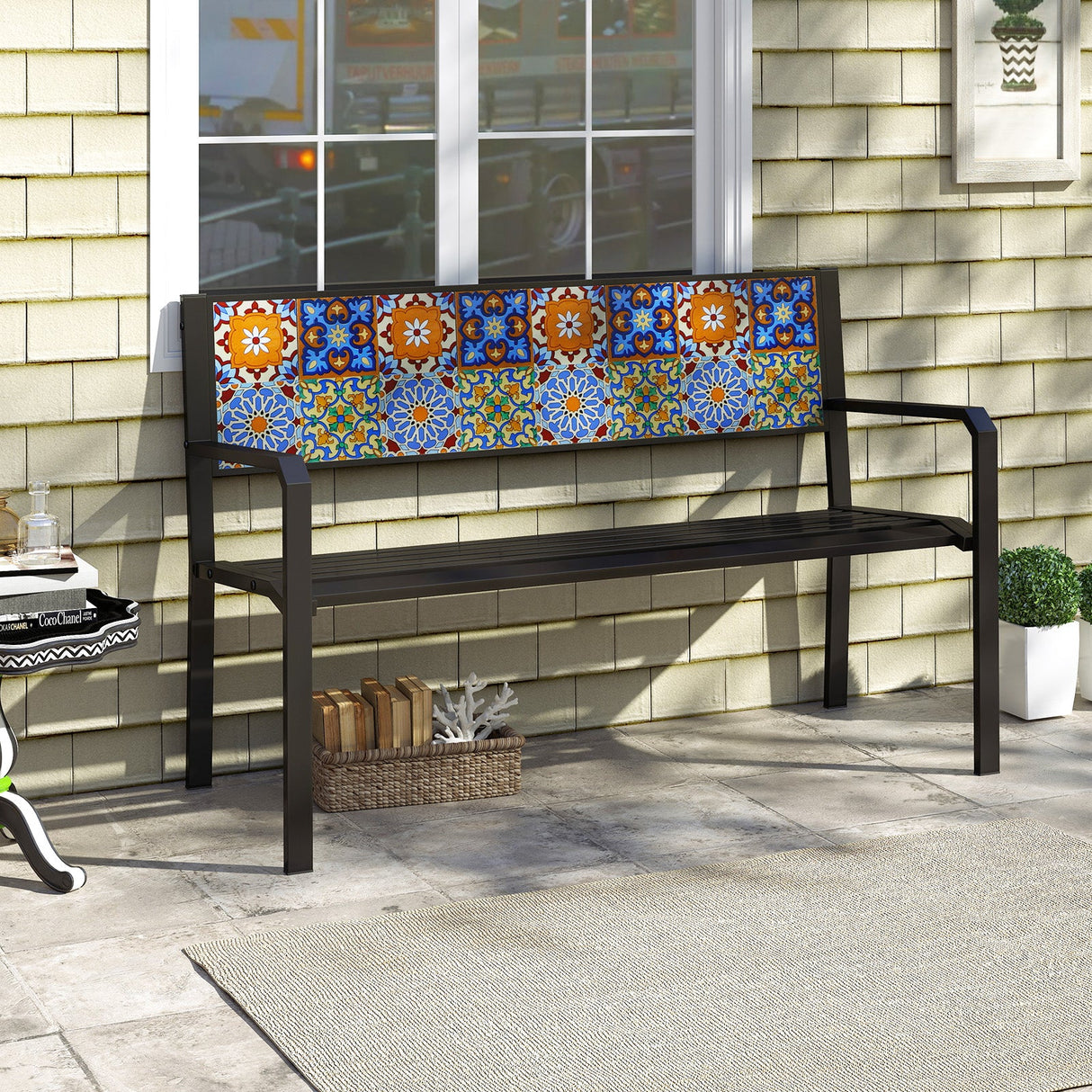 Banco de metal para patio de 50 pulgadas, sofá de dos plazas con respaldo de mosaico para 2-3 personas - Negro